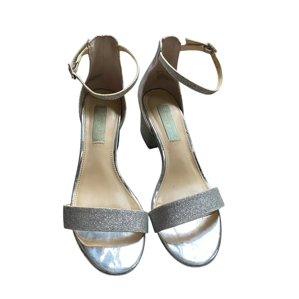 Betsey Johnson Miri Pumps 7.5 Silver Glitter Block Heel Ankle Straps Party Prom